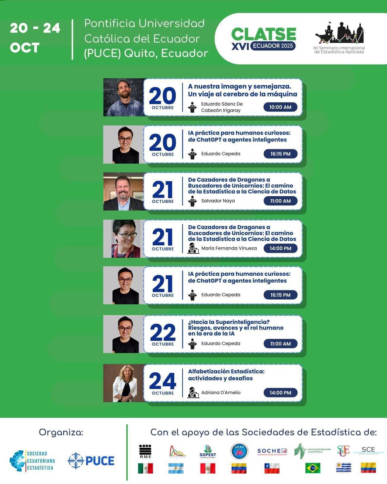 Programa oficial del XVI CLATSE Ecuador 2025 (PUCE, Quito), con la charla «¿Hacia la Superinteligencia?» y el taller «IA práctica para humanos curiosos».